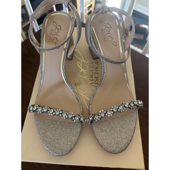 Jewel Badgley Mischka Shoes - Jewel Badgley Mischka Glitter Block Heel Sandals Crystal Embellished Size 6.5